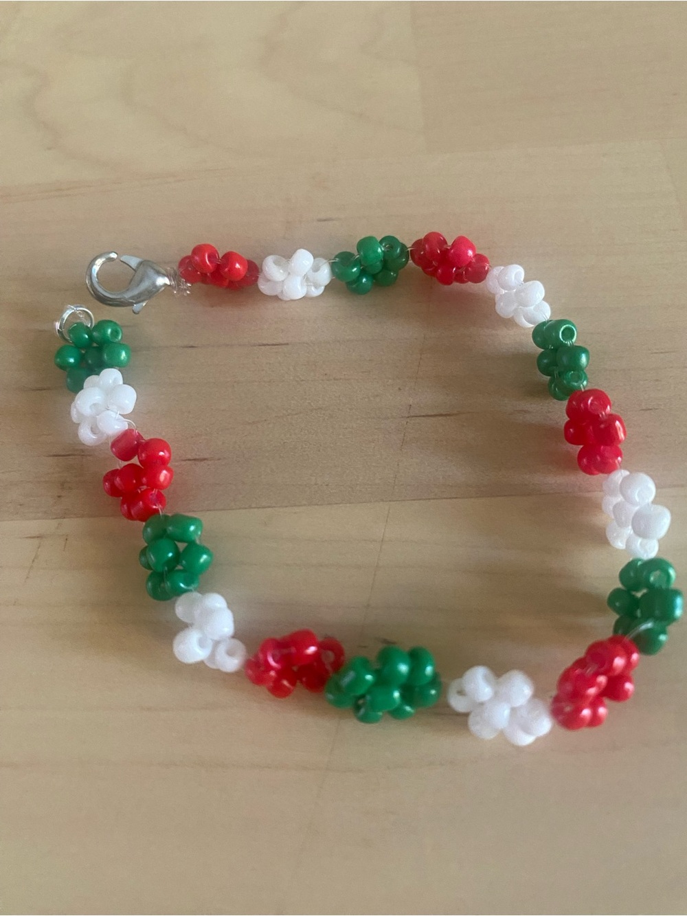 Mexican Beaded Flower Bracelet - Red, Green & White